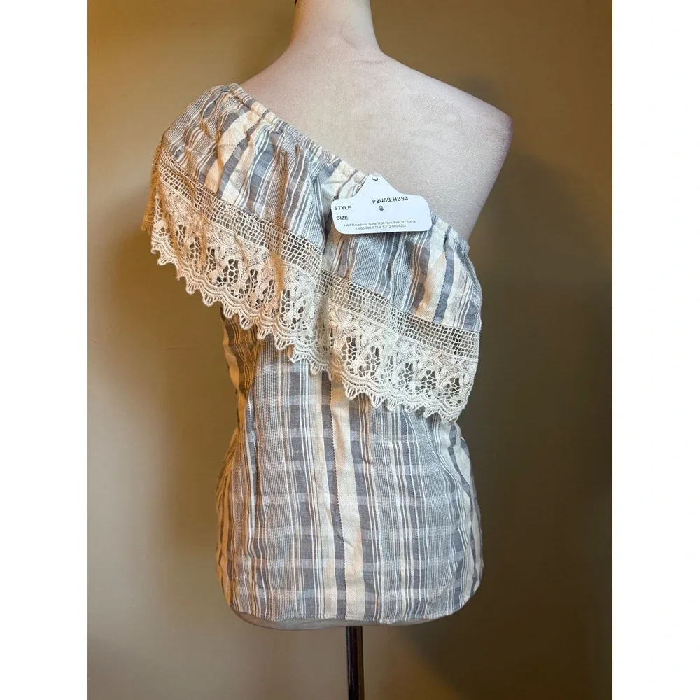 Angie Grey White Striped One Shoulder Crochet Lace Cotton Top S cottage dainty y